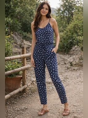 Banana Republic Jumpsuit Blue Floral Print Sleeveless Ankle Zip